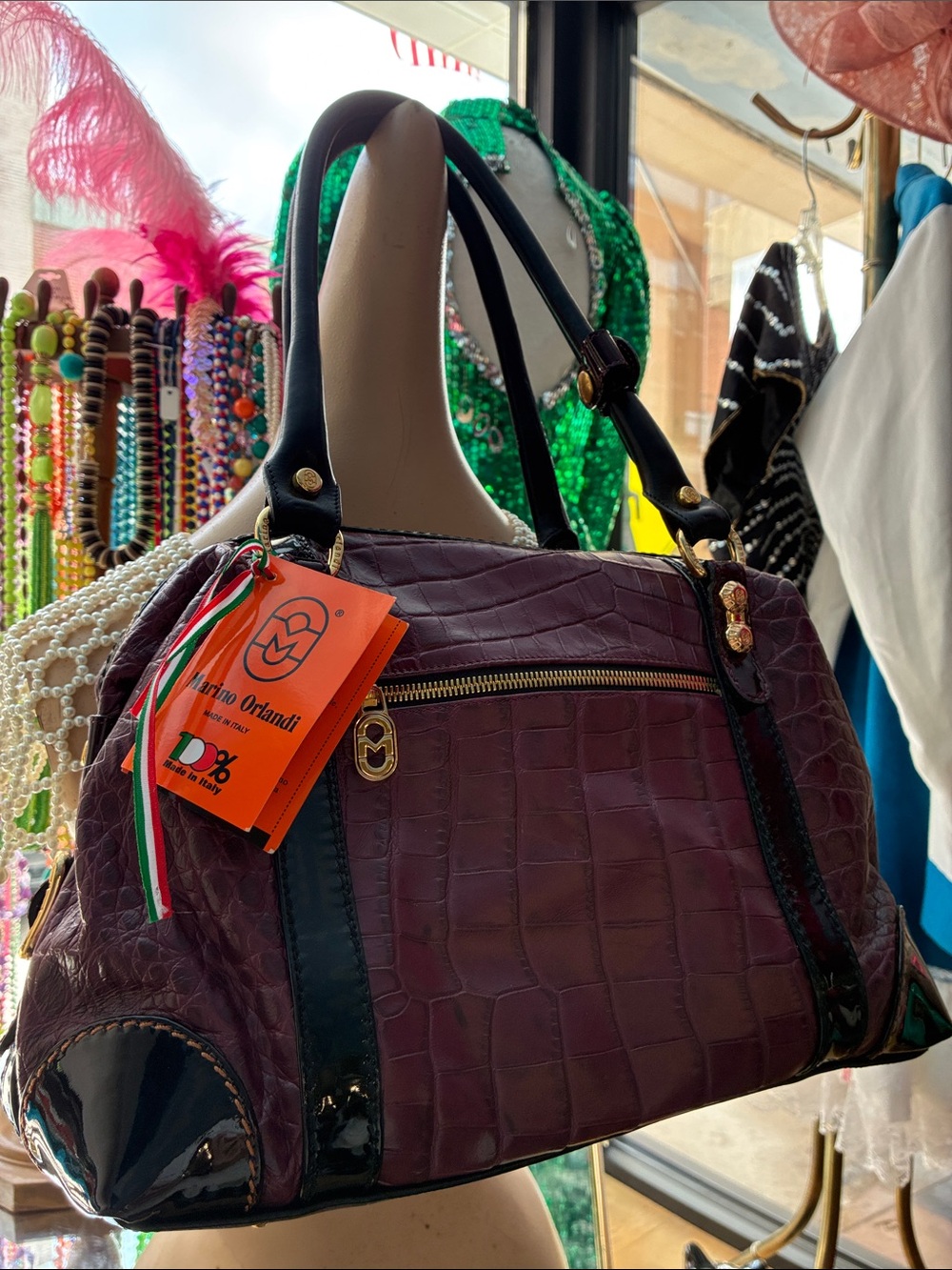 Marino Orlandi Plum Croc-Embossed Satchel with Black Trim and Gold Hardware